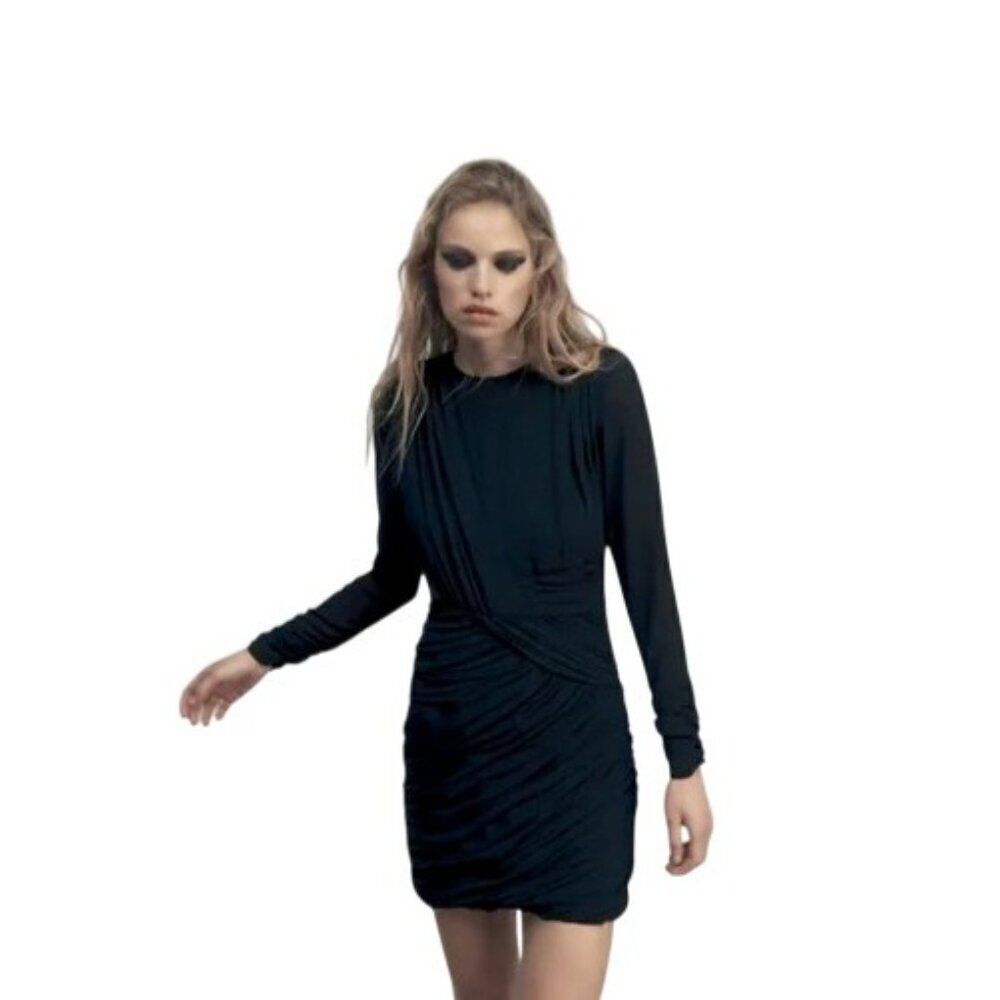 Zara Womens Ruched Mini Dress S Black Long Sleeve Pleated 2087/576 NWT